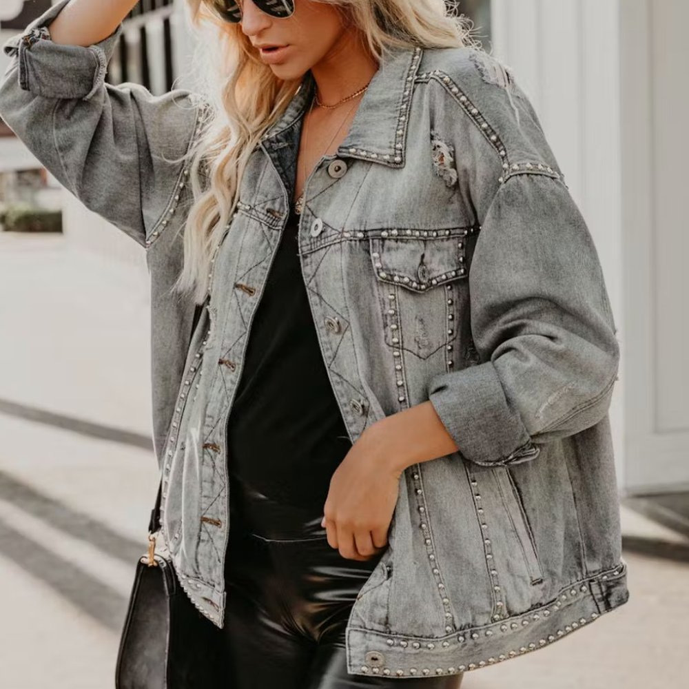 Vici Grey Distressed Studded Denim Jean Jacket - Picture 5 of 13